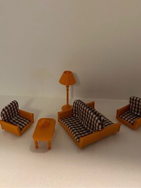 Vintage Look Dollhouse Living Room Set with Plaid Upholstery